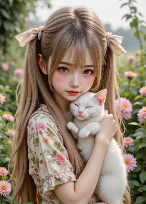 Realistic and authentic-oriented 、creates a retro vibe、a cute girl is brown and white1holding a cat、A very precious cat、in the flower and green garden