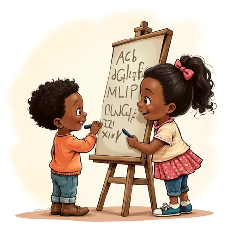 Two cute s, five year's old, a boy and a  girl writing alphabets on a standing board with marker, smiling, Nigerian, detailed illustration, Disney style back/side view, looking at the board, a boy and a girl