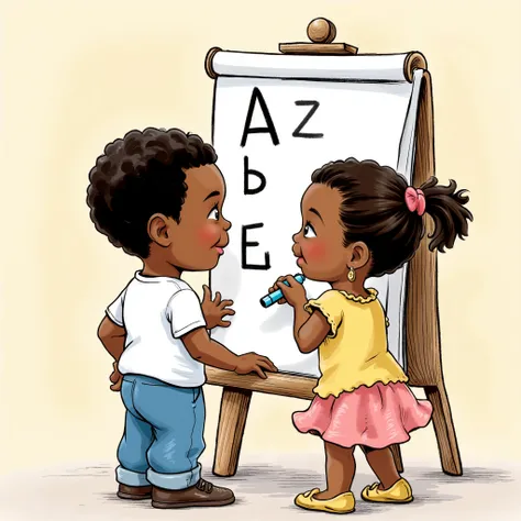 Two cute s, five year's old, a boy and a  girl writing alphabets on a standing board with marker, smiling, Nigerian, detailed illustration, Disney style back/side view, looking at the board, a boy and a girl