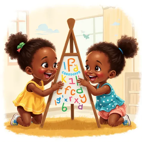 Two cute toddlers, a boy and a girl alphabets on a standing tripod board with marker, smiling, Nigerian, detailed illustration, Disney style back/side view, looking at the board, a boy and a girl
