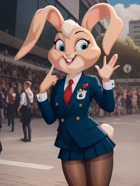 haha , 1Girls, alone, FLUFFY FEMALE, rabbit ears, Young Rabbit,  animal nose , Skirt set, three-piece suit, Shirt, necktie, Blazer,  Suit Jacket ,  Vest , double-breasted  Vest , Mini Bodycon Skirt, tights, Portable Handkerchief, Cufflinks, blue eyes, Hair...
