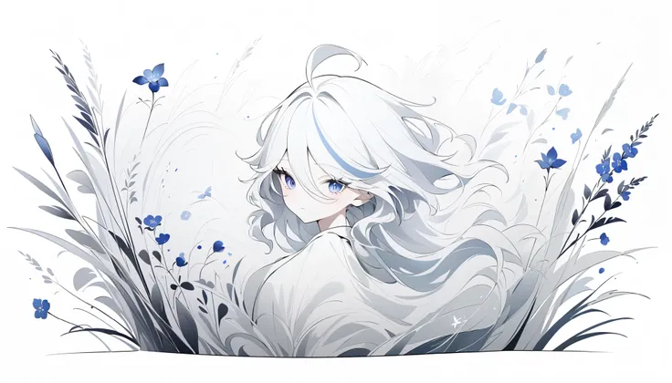 (Anime line drawing:1.5), (black and white painting:1.45), Minimalism, (line art:1.6), sketch, charcoal drawing, simple composition, clean lines, elegant design. Furina from Genshin Impact, wearing a graceful mask, holding or surrounded by delicate flowers...