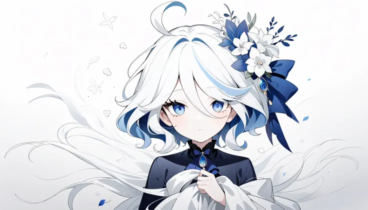 (Anime line drawing:1.5), (black and white painting:1.45), Minimalism, (line art:1.6), sketch, charcoal drawing, simple composition, clean lines, elegant design. Furina from Genshin Impact, wearing a graceful mask, holding or surrounded by delicate flowers...