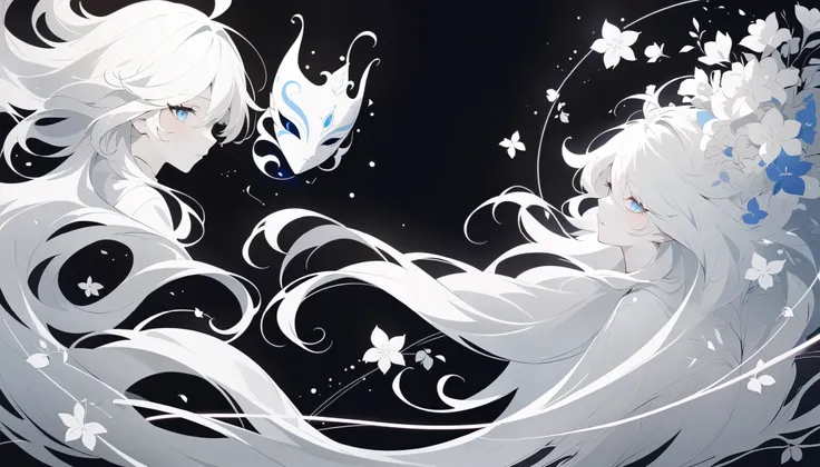 (Anime line drawing:1.5), (inverted colors:1.4), (negative space:1.6), (minimalist design), dark background, bright white lines, (glowing line art:1.5), sketch, charcoal drawing, monochrome, simple composition. Furina from Genshin Impact, graceful mask, su...