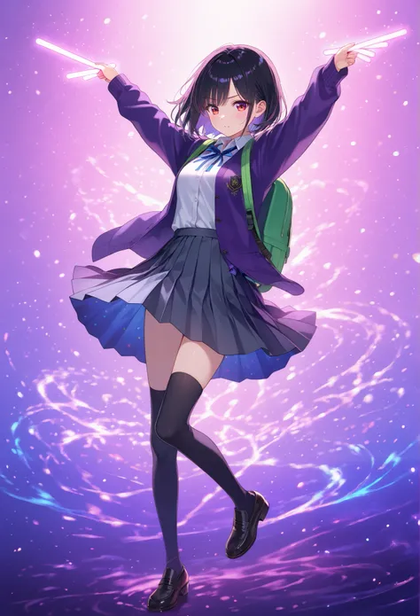 A cheerful young Japanese girl with short black hair, wearing a purple cardigan over a white shirt with a blue ribbon tie,
a grey pleated skirt, black knee-high socks,
and black loafers, holding two purple glow sticks in both hands with arms raised,
sta...
