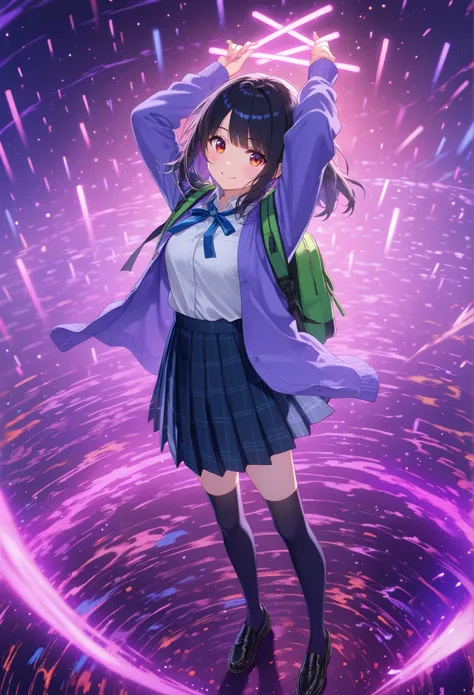 A cheerful young Japanese girl with short black hair, wearing a purple cardigan over a white shirt with a blue ribbon tie,
a grey pleated skirt, black knee-high socks,
and black loafers, holding two purple glow sticks in both hands with arms raised,
sta...