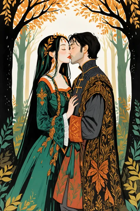 2D ART, hyper detailed gouache painting, illustration, gougoupaintleaves style, portrait of a man and a woman, couple scene, kissing in the woods, detailed perfect kiss, detailed faces, accurate features, hyper detailed vibrant medieval clothing, standing ...