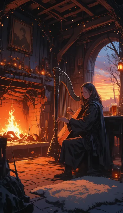 Sunset tavern scene: warm orange light from fireplace, bard playing harp with smile, fairy lights on wooden beams, starry sky through round window, soft sheepskin rugs, cup of honey mead on table, soft fantasy ambiance