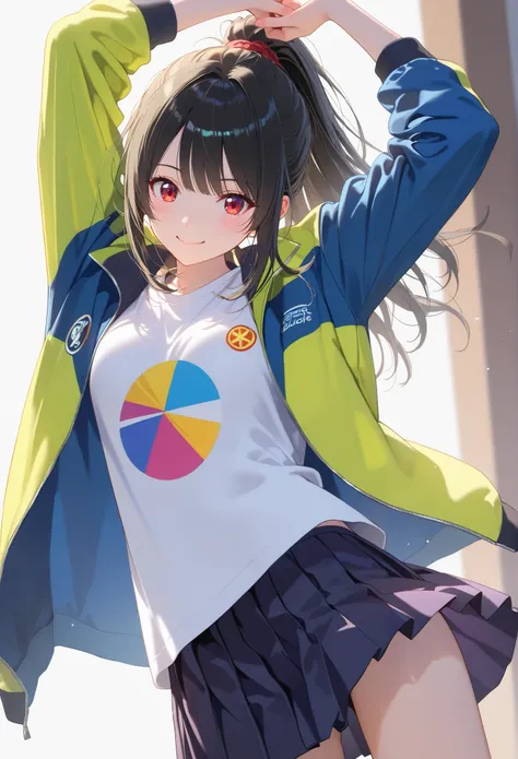 sexy posing,A cheerful young Japanese girl with long black hair tied in a ponytail, smiling brightly, wearing a dark green and pink zip-up sports jacket with a small white logo on the chest, a white pleated mini skirt, and a white t-shirt underneath, stand...