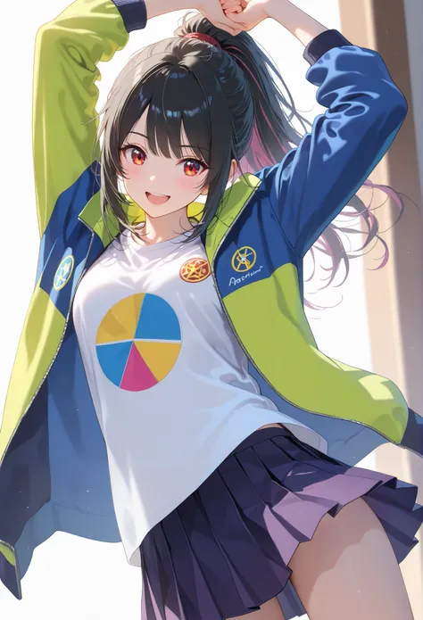 sexy posing,A cheerful young Japanese girl with long black hair tied in a ponytail, smiling brightly, wearing a dark green and pink zip-up sports jacket with a small white logo on the chest, a white pleated mini skirt, and a white t-shirt underneath, stand...