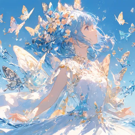 high quality, one girl,blue hair,butterfly wings on the back,white dress blue sky background,余白に Lots of Butterflies,Figure dancing on the surface of the water,ephemeral, fantasy, Fantasy landscape, Lots of Butterflies,simple background, Flower crown,glitt...