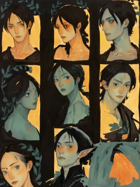 2D ART, hyper detailed gouache painting, illustration, gougoupaintleaves style, portrait of a man, 1boy, solo, black hair, side_cut_hairstyle, male_drow:1.5, dark elf, black eyes, black sclera, detailed face, handsome features, tonned, lean naked body, det...