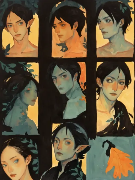 2D ART, hyper detailed gouache painting, illustration, gougoupaintleaves style, portrait of a man, 1boy, solo, black hair, side_cut_hairstyle, male_drow:1.5, dark elf, black eyes, black sclera, detailed face, handsome features, tonned, lean naked body, det...