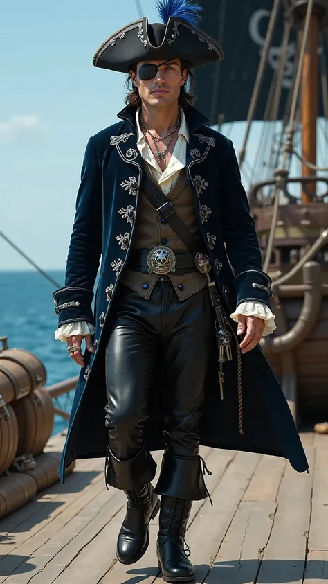 Cillian Murphy reimagined as a pirate walking､dramatic atmosphere, 1 male､ 

Medium-length, slicked-back dark brown hair, piercing ice-blue eyeи. A black silk eye patch covers his left eye, secured with a thin leather strap. A wide-brimmed black tricorn ha...
