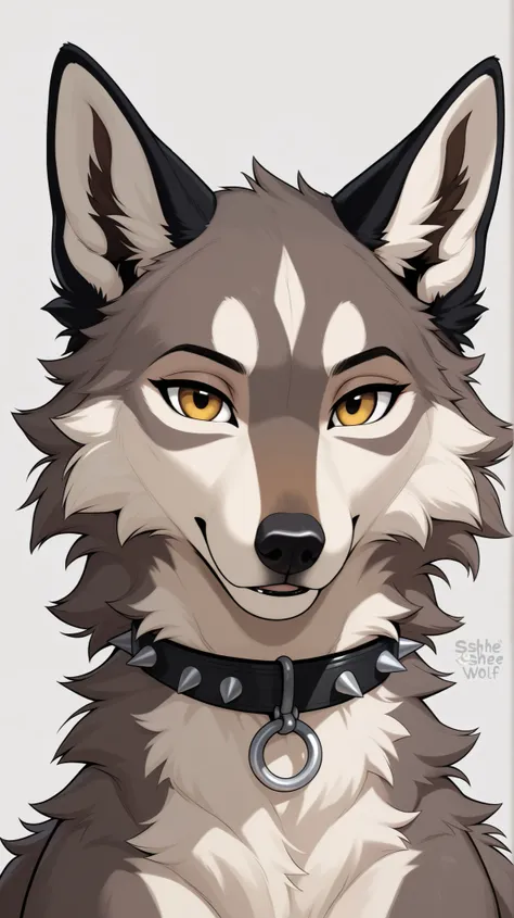 Brown She-wolf with white accents on her face, black ears, black collar with spikes