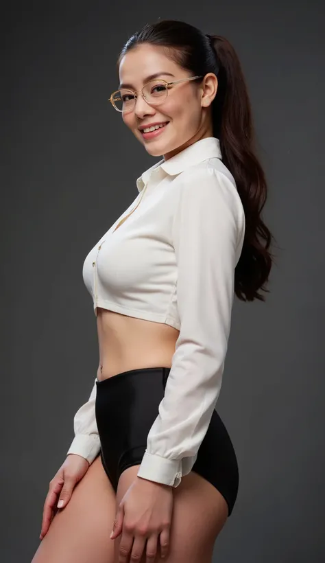Malay girl with glasses in tigh white blouse wearing sexy black satin pantyhouse, ponytail, cleavages ,portrait photography, mid shot photo, ultra detail, professional photograph with ((professional lighting)), smile, dark grey studio background, sexy dyna...