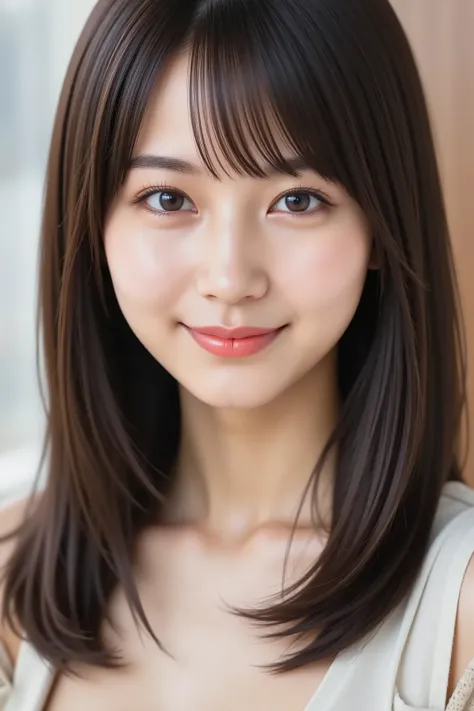 The face is positioned exactly in the center of the image , black hair , Tight Chest 、, the entire head is fully reflected , Face clearly visible、wearing an apron, kitchen background, long hair per person、bungs, smile, young and cute Japanese face , Offi...