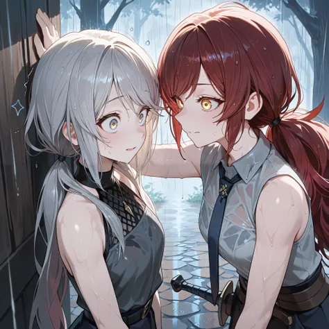 (masterpiece:1.2, Best Quality), (finely detailed beautiful eye: 1.2), (beautiful detailed face),
female to female, 2girls, facing each other, close up, upper body, character: stoic expression, Gray eyes, dark red hair, swept bangs, low twin tails, white r...