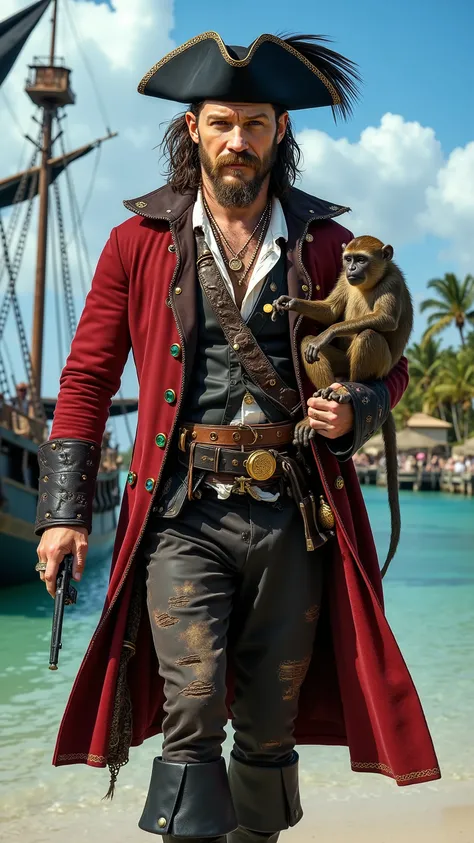 Tom Hardy reimagined as a pirate walking and holding a capuchin monkey、dramatic atmosphere, 1 male、
Medium-length, slightly unkempt dark brown hair, a thick beard, and piercing blue eyes. A wide-brimmed black tricorn hat, adorned with gold embroidery and...