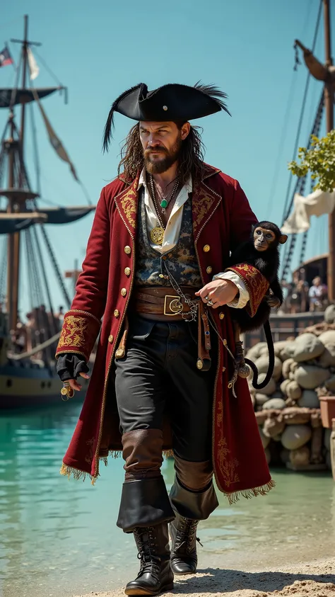 Tom Hardy reimagined as a pirate walking and holding a capuchin monkey、dramatic atmosphere, 1 male、
Medium-length, slightly unkempt dark brown hair, a thick beard, and piercing blue eyes. A wide-brimmed black tricorn hat, adorned with gold embroidery and...