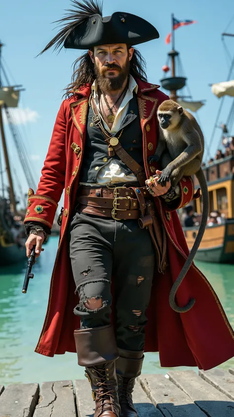 Tom Hardy reimagined as a pirate walking and holding a capuchin monkey、dramatic atmosphere, 1 male、
Medium-length, slightly unkempt dark brown hair, a thick beard, and piercing blue eyes. A wide-brimmed black tricorn hat, adorned with gold embroidery and...