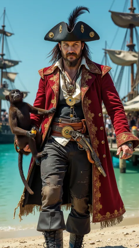 Tom Hardy reimagined as a pirate walking and holding a capuchin monkey、dramatic atmosphere, 1 male、
Medium-length, slightly unkempt dark brown hair, a thick beard, and piercing blue eyes. A wide-brimmed black tricorn hat, adorned with gold embroidery and...