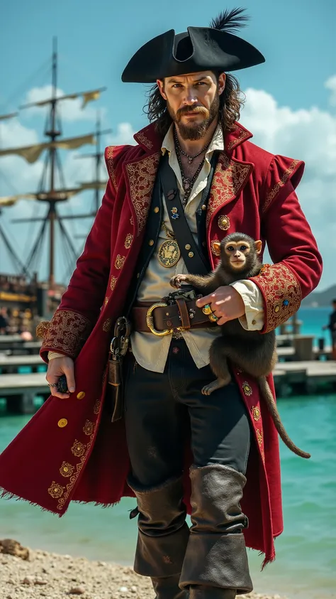 Tom Hardy reimagined as a pirate walking and holding a capuchin monkey、dramatic atmosphere, 1 male、
Medium-length, slightly unkempt dark brown hair, a thick beard, and piercing blue eyes. A wide-brimmed black tricorn hat, adorned with gold embroidery and...