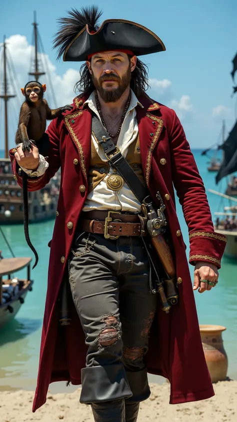 Tom Hardy reimagined as a pirate walking and holding a capuchin monkey、dramatic atmosphere, 1 male、
Medium-length, slightly unkempt dark brown hair, a thick beard, and piercing blue eyes. A wide-brimmed black tricorn hat, adorned with gold embroidery and...