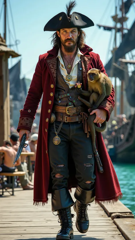 Tom Hardy reimagined as a pirate walking and holding a capuchin monkey、dramatic atmosphere, 1 male、
Medium-length, slightly unkempt dark brown hair, a thick beard, and piercing blue eyes. A wide-brimmed black tricorn hat, adorned with gold embroidery and...