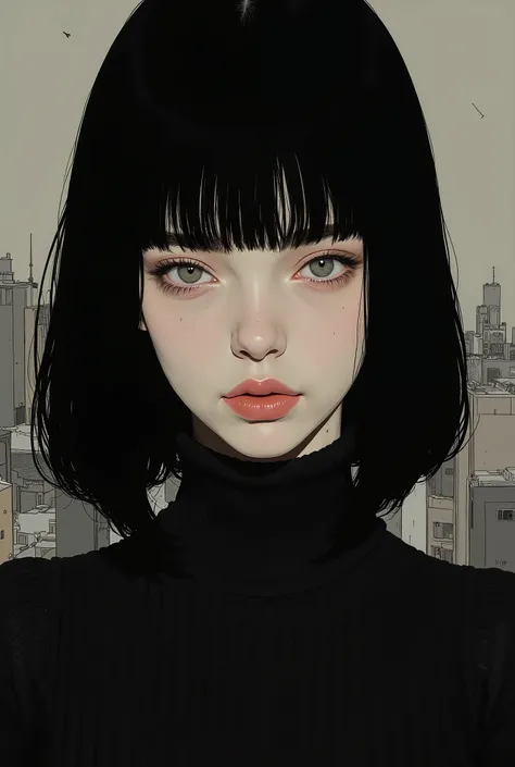 close-up of a woman in a black knit, Tomer Hanuka , Popular on CGSociety,full bangs、 black hair、shortcuts、 conceptual art, laurie greasley and James Jean, Jamie Hewlett Art , Laurie Gracley's style, James Jean style, Jamie McKelvie comic art , James Jea...