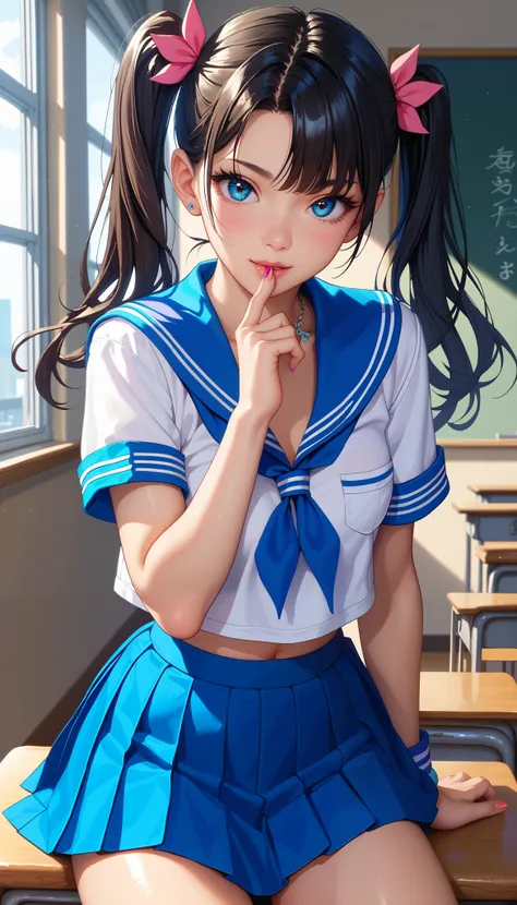 anime artwork, anime style, key visual, vibrant, Animation Studio , very detailed, latest, slow, masterpiece, Best Quality, best aesthetics, woman in sailor suit, pleated skirt, very small breasts, Blue clothing, hair accessories, A glimpse of her thig...