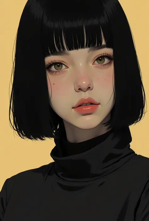 profile、close-up of a woman wearing a black hoodie, smiles、Tomer Hanuka , Popular on CGSociety,full bangs、 black hair、shortcuts、 conceptual art, laurie greasley and James Jean, Jamie Hewlett Art , Laurie Gracley's style, James Jean style, Jamie McKelvie...