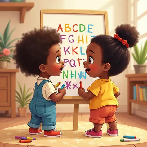 Two cute toddlers, a boy and a  girl writing alphabets on a standing board with marker, smiling, Nigerian, detailed illustration, Disney style back/side view, looking at the board, a boy and a girl