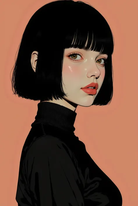 profile、close-up of a woman in a black dress, smiles、Tomer Hanuka , Popular on CGSociety,full bangs、 black hair、shortcuts、 conceptual art, laurie greasley and James Jean, Jamie Hewlett Art , Laurie Gracley's style, James Jean style, Jamie McKelvie comic...