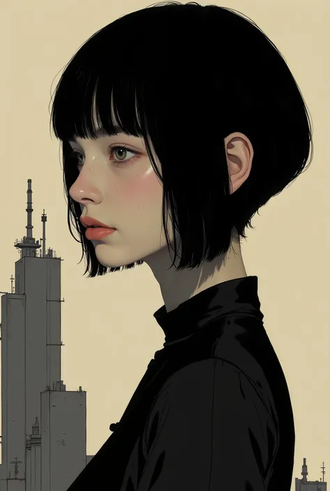 profile、close-up of a woman in a black dress, smiles、Tomer Hanuka , Popular on CGSociety,full bangs、 black hair、shortcuts、 conceptual art, laurie greasley and James Jean, Jamie Hewlett Art , Laurie Gracley's style, James Jean style, Jamie McKelvie comic...