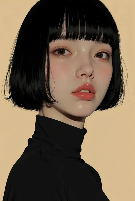profile、Close up of a Japanese woman in a black dress, smiles、Tomer Hanuka , Popular on CGSociety,full bangs、 black hair、shortcuts、 conceptual art, laurie greasley and James Jean, Jamie Hewlett Art , Laurie Gracley's style, James Jean style, Jamie McKel...