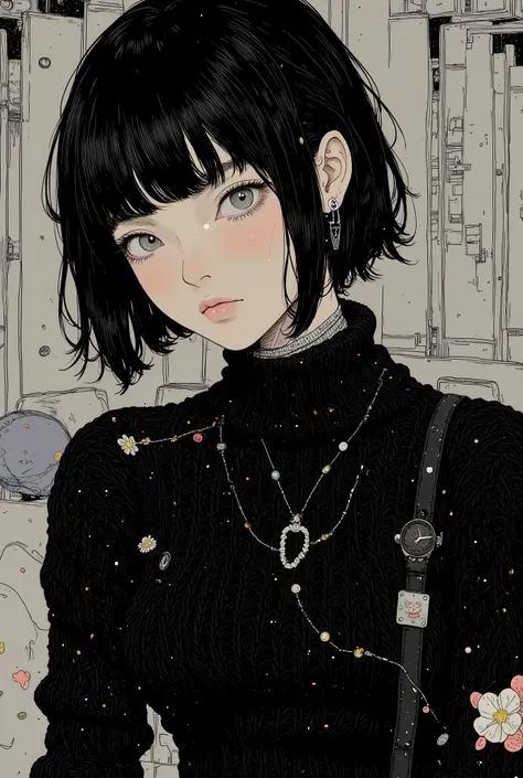 profile、Close up of a cute woman wearing a black knit, Tomer Hanuka  , Popular on CGSociety,full bangs、 black hair、shortcuts、 conceptual art, laurie greasley and James Jean,  Jamie Hewlett Art , Laurie Gracley's style, James Jean style,  Jamie McKelvie com...