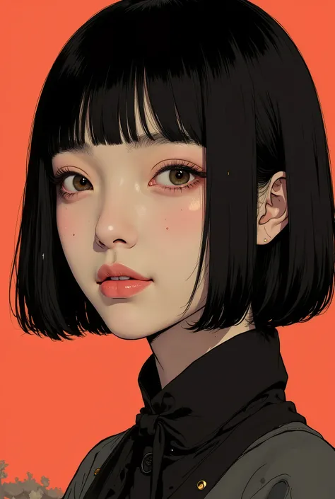 profile、Close up of a Japanese woman wearing a black national costume, smiles、Tomer Hanuka , Popular on CGSociety,full bangs、 black hair、shortcuts、 conceptual art, laurie greasley and James Jean, Jamie Hewlett Art , Laurie Gracley's style, James Jean sty...