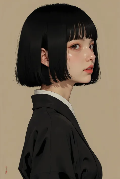 profile、Close up of a Japanese woman wearing a black national costume, smiles、Tomer Hanuka , Popular on CGSociety,full bangs、 black hair、shortcuts、 conceptual art, laurie greasley and James Jean, Jamie Hewlett Art , Laurie Gracley's style, James Jean sty...