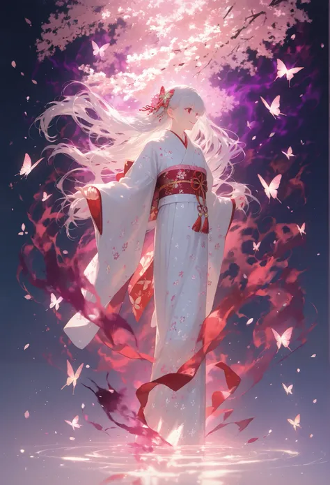 (A beautiful anime-style girl with long flowing silver-white hair, striking red eyes, and a gentle smile, wearing a white kimono adorned with cherry blossom patterns, a pink and white floral obi with a red ribbon and decorative tassels, a pink peony hair a...