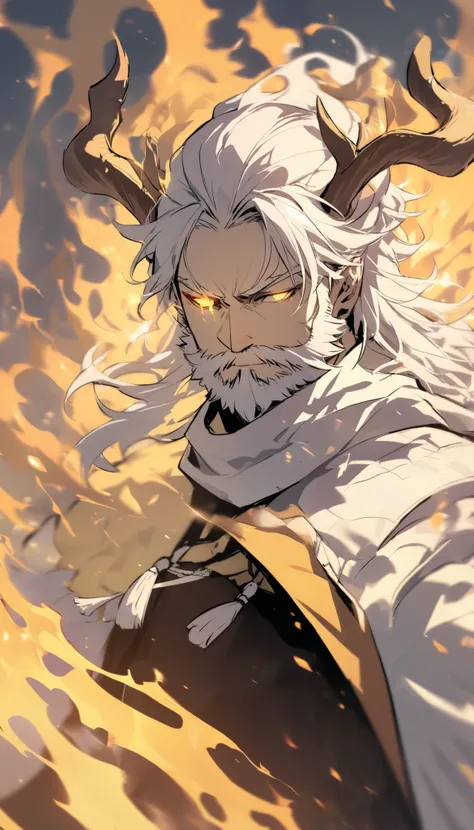 Handsome, alone, male, long hair, white hair, white beard, Thick beard, monk outfit, Bandages on eyes, white scarf, yellow black flame, upperbody, Reindeer horn, reindeer horn, upperbody, martial art stance