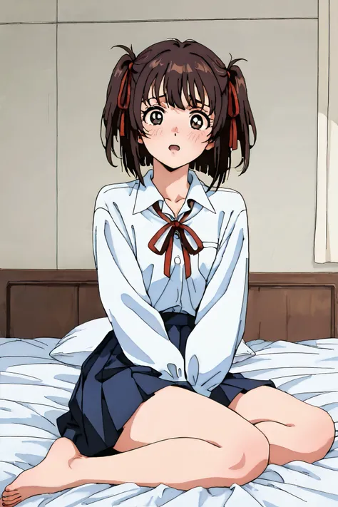 kayo,dark brown eyes,dark brown hair,two side hair,shoulder-length short hair,hair tied thin red ribbons,school uniform,white collared shirt,thin short red necktieribbon,navy blue short pleated skirt,tareme,labiomental sulcus,masterpiece,best quality,amazi...