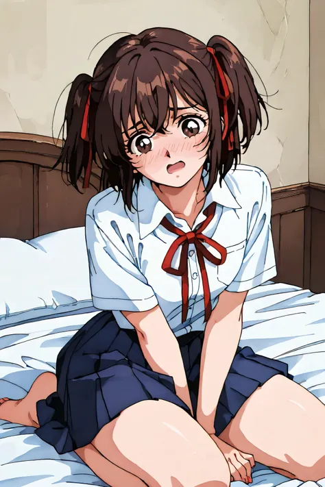 kayo,dark brown eyes,dark brown hair,two side hair,shoulder-length short hair,hair tied thin red ribbons,white collared shirt,thin short red necktieribbon,navy blue short pleated skirt,tareme,labiomental sulcus,masterpiece,best quality,amazing quality,ultr...