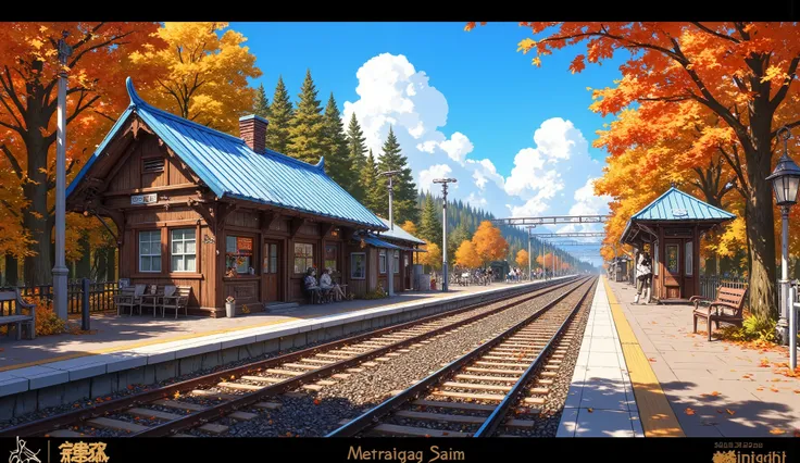 a serene countryside railway station in autumn. The station is a charming wooden building with a blue metal roof, surrounded by vibrant fall foliage in shades of orange, red, and yellow. The railway tracks run alongside the platform, leading into a lush gr...
