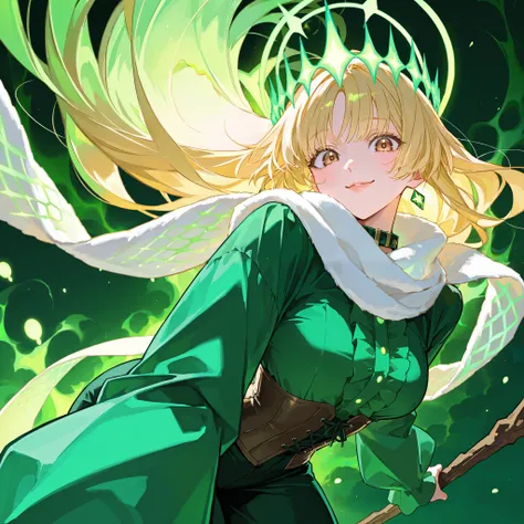 A girl with long golden hair, fluttering in the wind , long-haired, very big eyes, with her eyes , surprisingly wide open, brown eyes, Glass retina, holds a wooden staff with a green stone, magic staff with green stone, ((a wooden staff with a green stone...