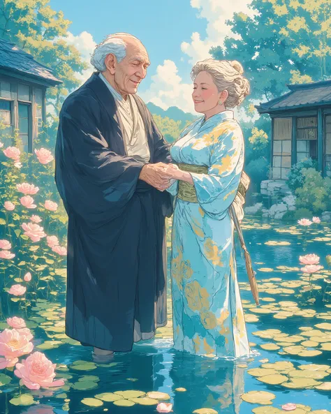 A heartwarming, vibrant digital painting of an elderly couple enjoying a peaceful moment in nature. The old man, wearing a traditional dark robe, holds the hand of his elderly wife, who is dressed in a light blue floral kimono. They are both standing in a ...