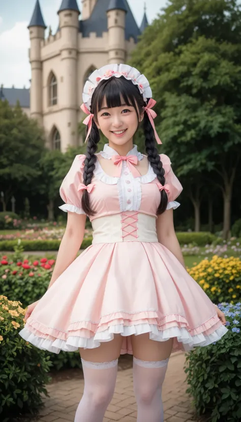 1 girl、running、 black hair、twin tails、blunt bangs, headdress showing belly button 、 hair ribbon、pink、Magical Girl Clothes、miniskirt、ruffle dress, pinkのリボン, pinkチョーカー, layered skirt for two to spread legs, white stockings、pinkのハイヒール、smile、fat、flower garden ...
