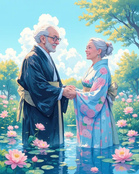 A heartwarming, vibrant digital painting of an elderly couple enjoying a peaceful moment in nature. The old man, wearing a traditional dark robe, holds the hand of his elderly wife, who is dressed in a light blue floral kimono. They are both standing in a ...