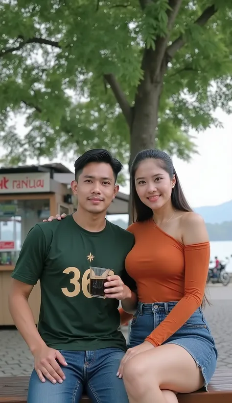 Facing forward, long angle shot. an Indonesian man wearing a dark green tshirt with the words "366" written on it, jeans, sitting on a wooden bench, he is holding a glass cup of black coffee, beside him a curvy woman with her hair tied behind her, she is w...