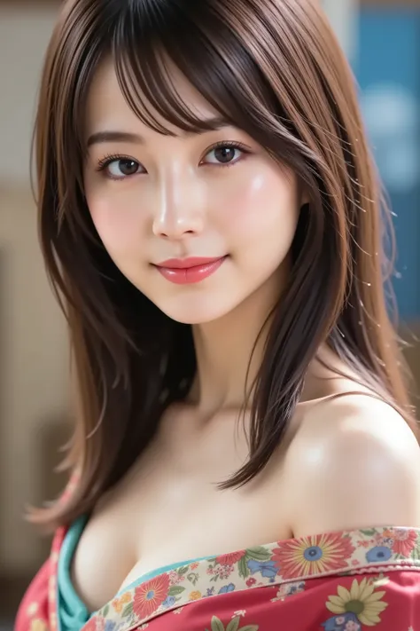 with the face positioned accurately in the center of the image, Upper chest, fine, clean skin、head is fully reflected with tight tension, face is clearly visible as a full body shot, one-shoulder colorful dress, night background、long black hair around my...